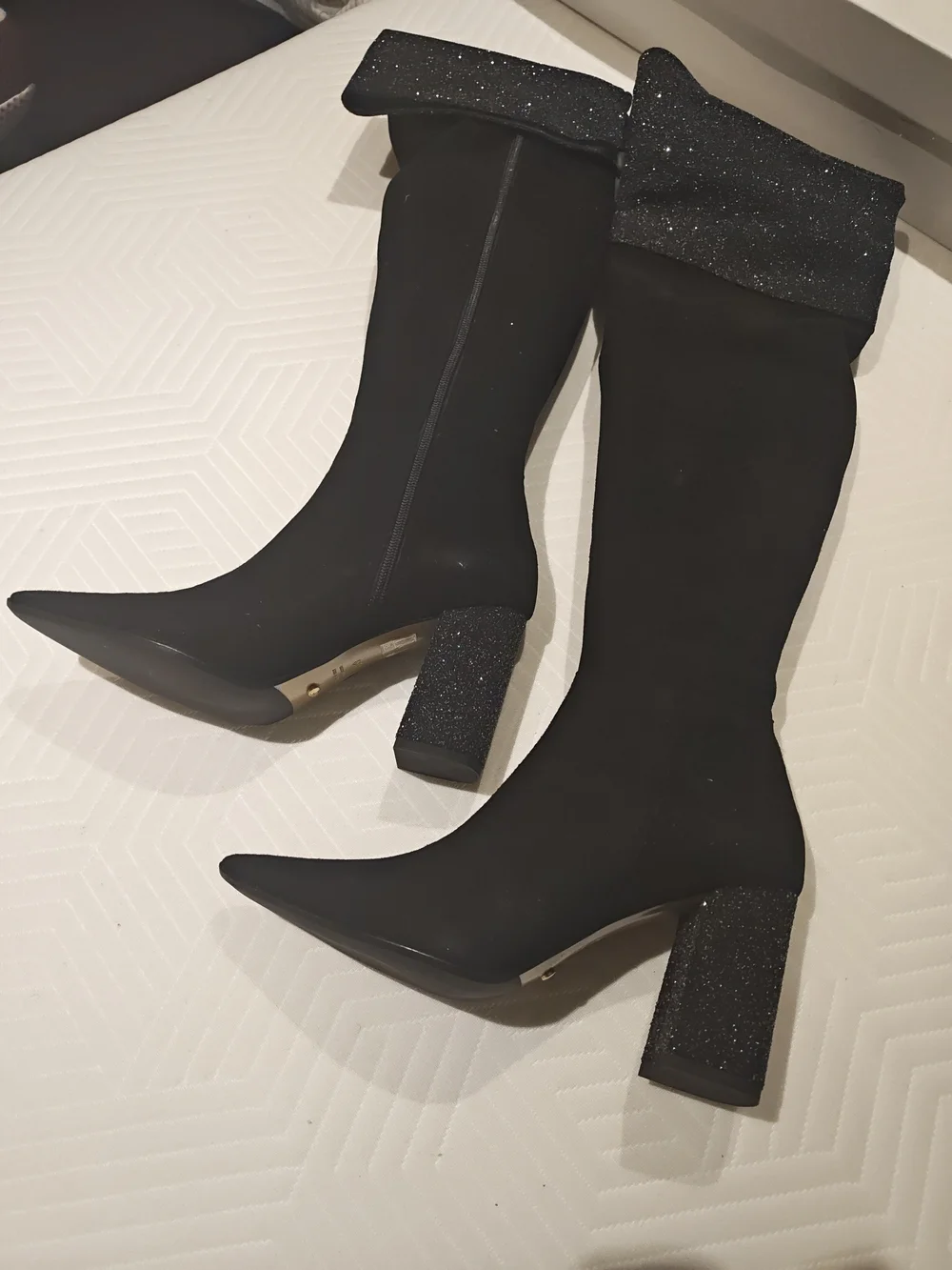 Black Glitter Cuff Over-the-Knee Block Heel Boots 39